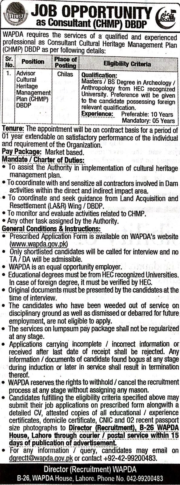 Advisor Cultural Heritage Management Plan