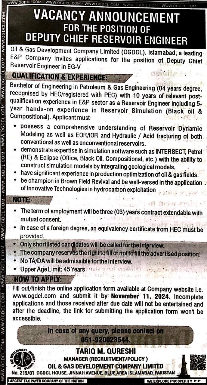 Deputy Chief Reservoir Engineer